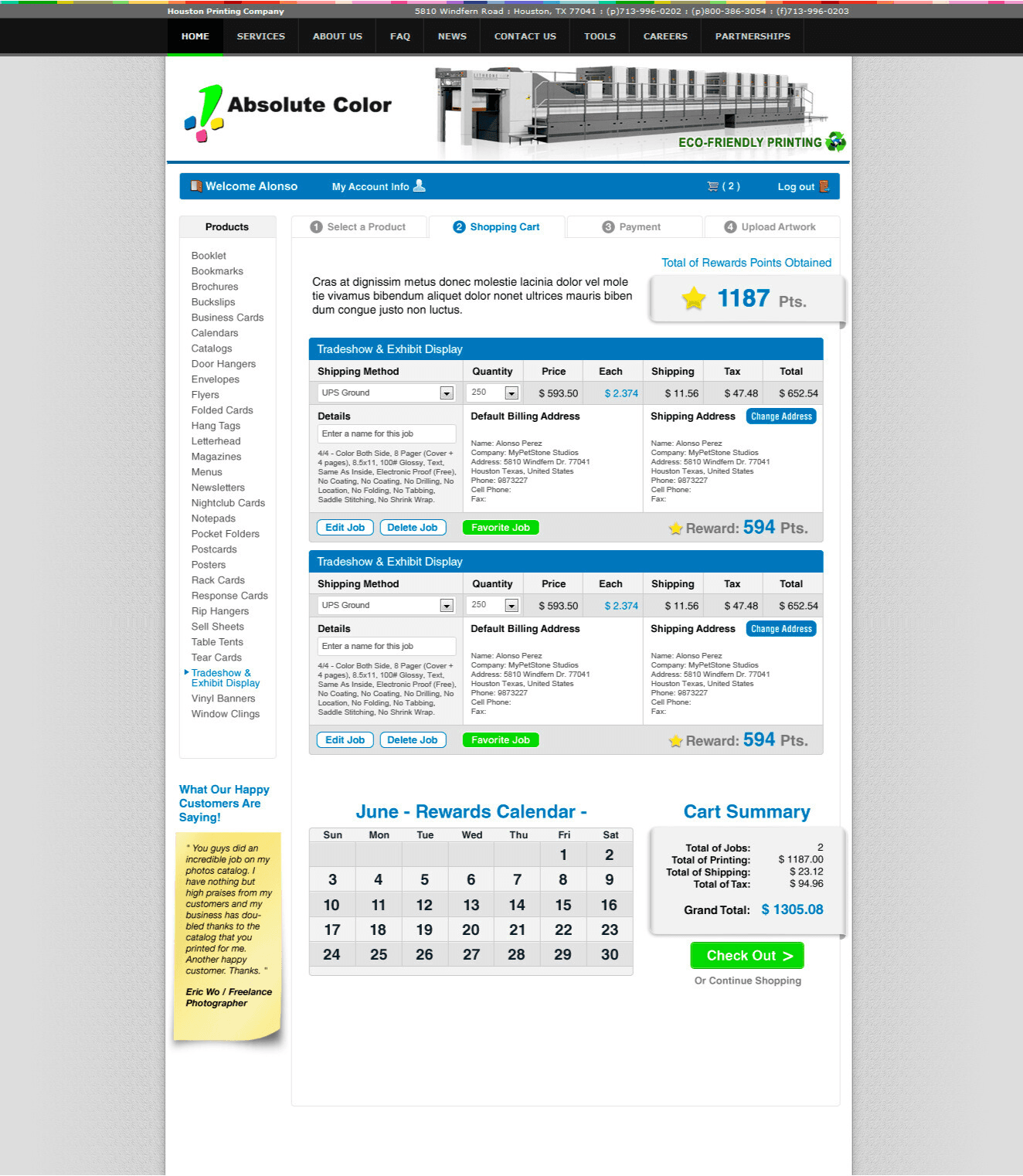 Shopping cart with detailed order summary