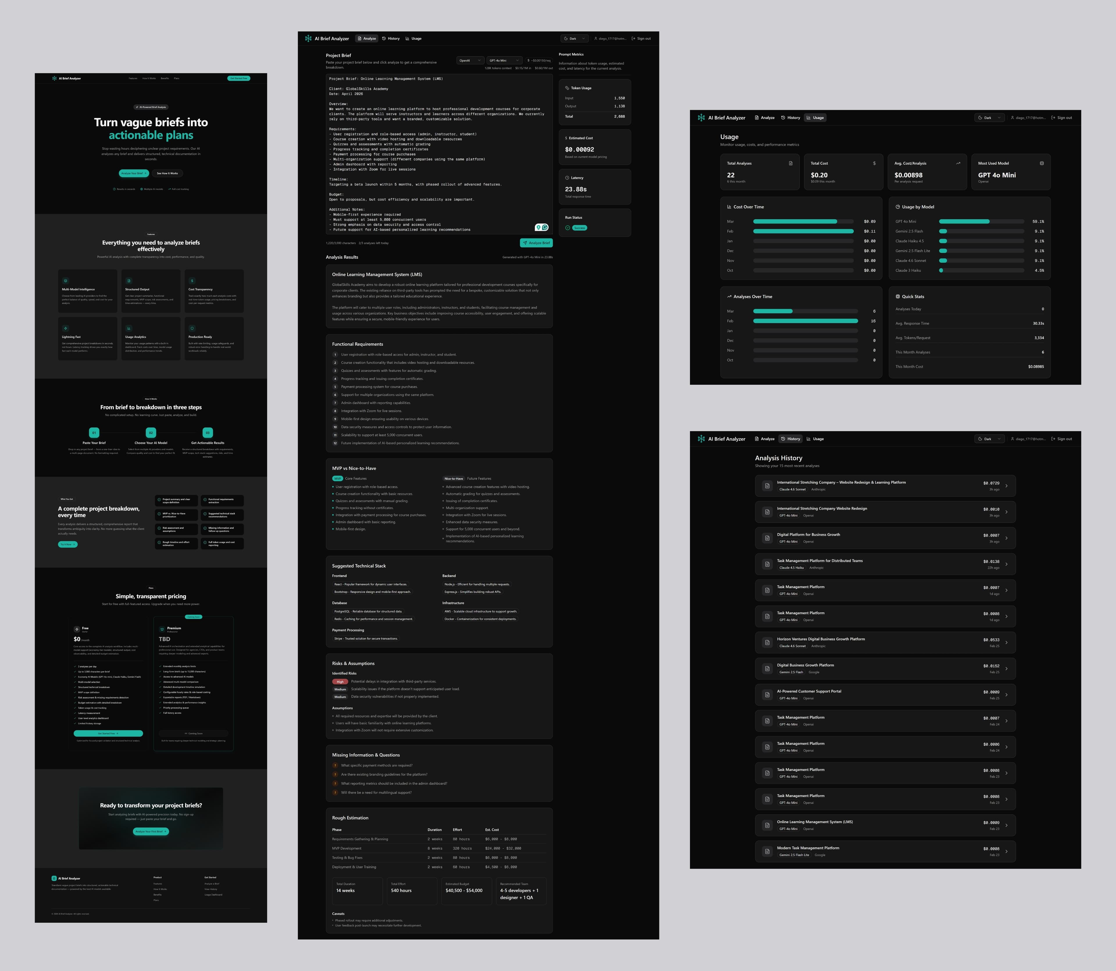 AI Brief Analyzer sections (Dark mode)