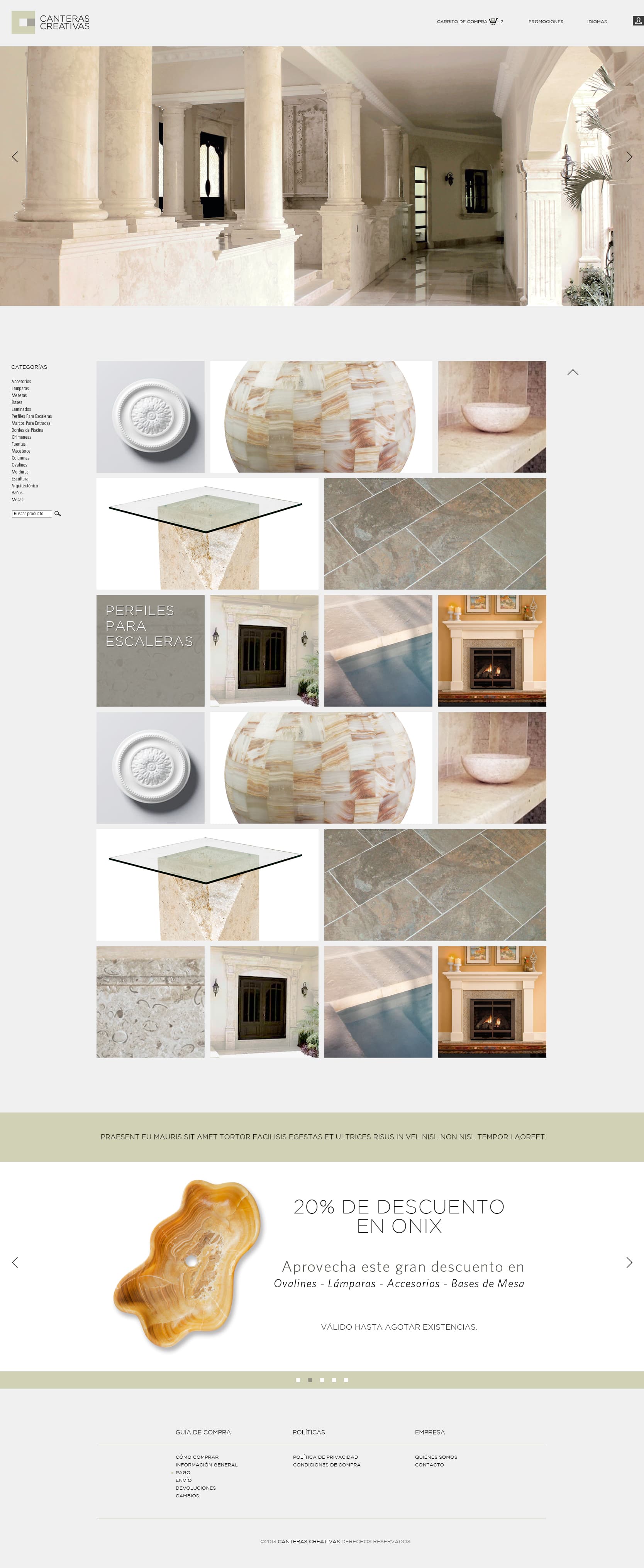 Landing page showcasing handcrafted stone products.