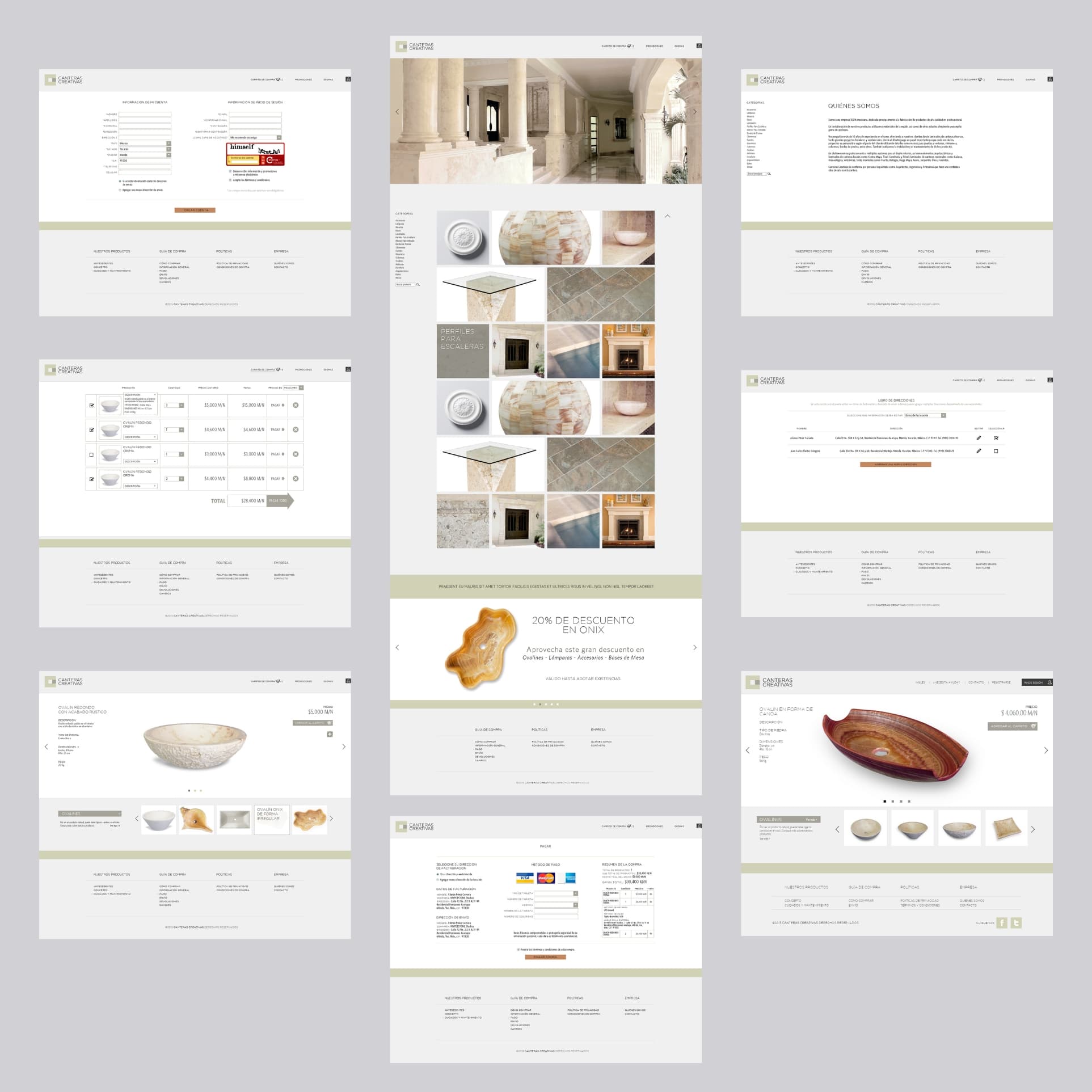 Additional pages showcasing various product categories and user account management.