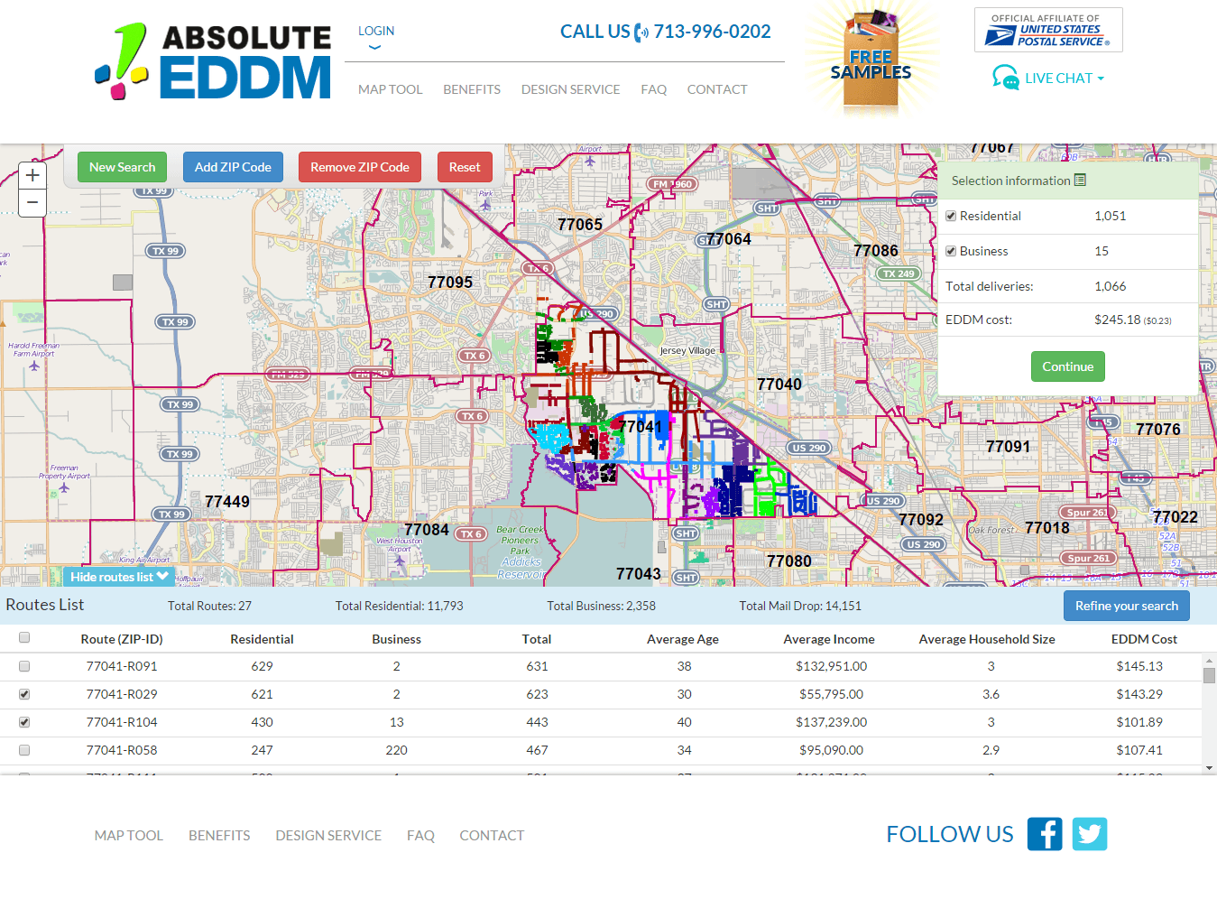 Interactive map tool to select USPS routes and preview audience details and costs.